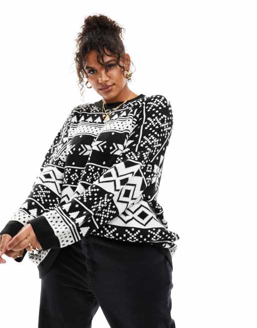 ClassicfuncenterShops DESIGN Curve oversized Christmas jumper in fairisle pattern in black and white ClassicfuncenterShops