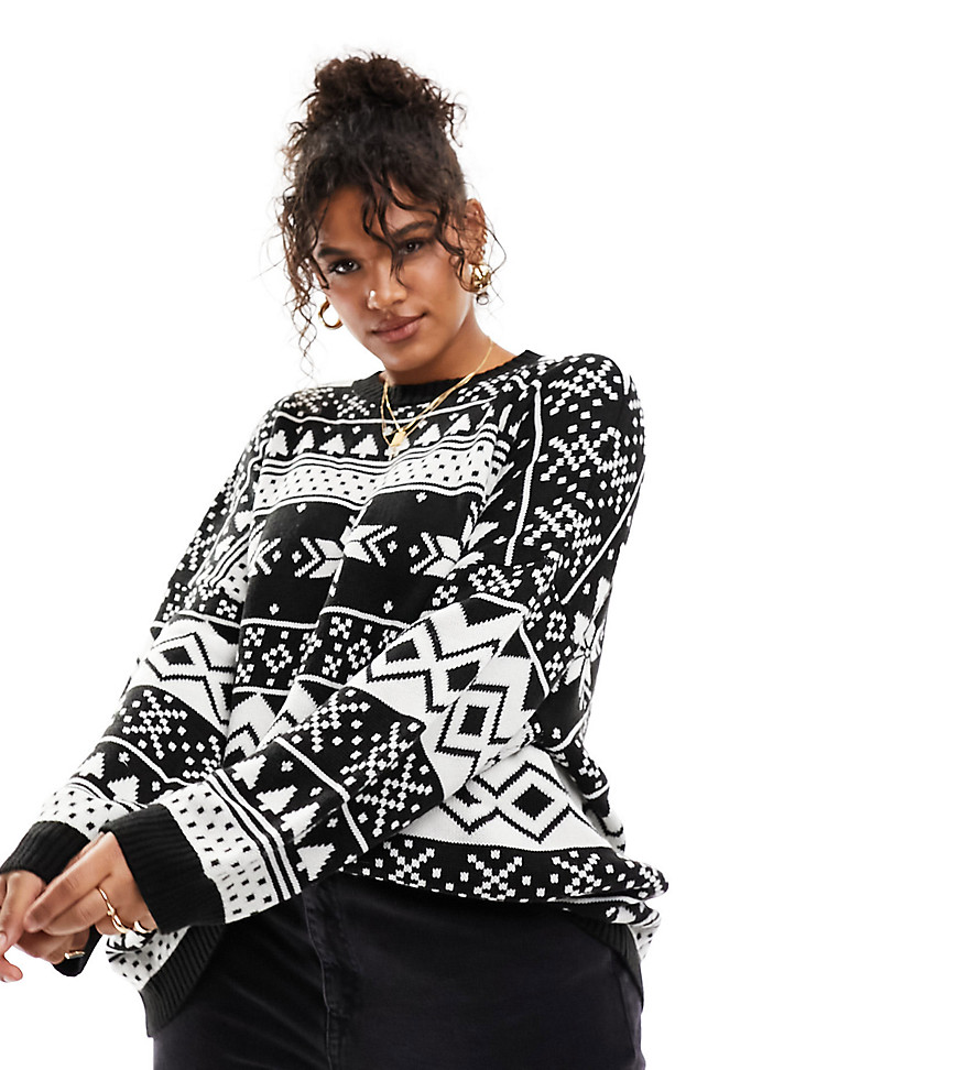 Asos Curve Asos Design Curve Oversized Christmas Sweater In Fairisle Pattern In Black And White
