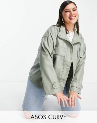 ASOS DESIGN Curve oversized chuck on faux leather jacket in sage - ASOS Price Checker