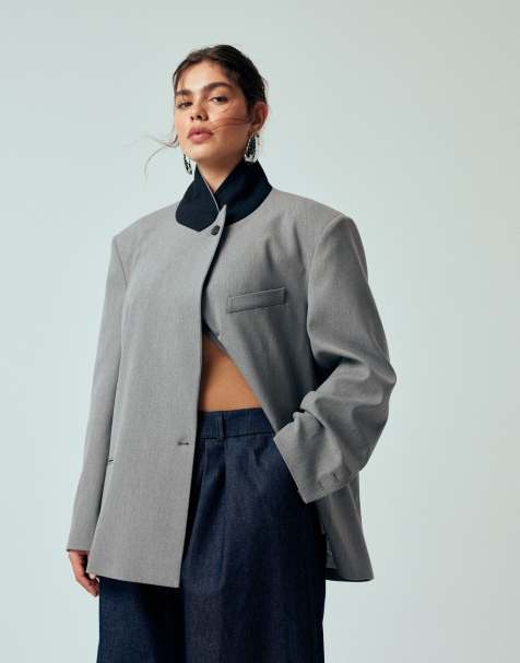 ASOS DESIGN Curve oversized contrast collar blazer in grey melange