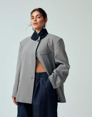 Asos Design Curve Oversized Contrast Collar Blazer In Gray