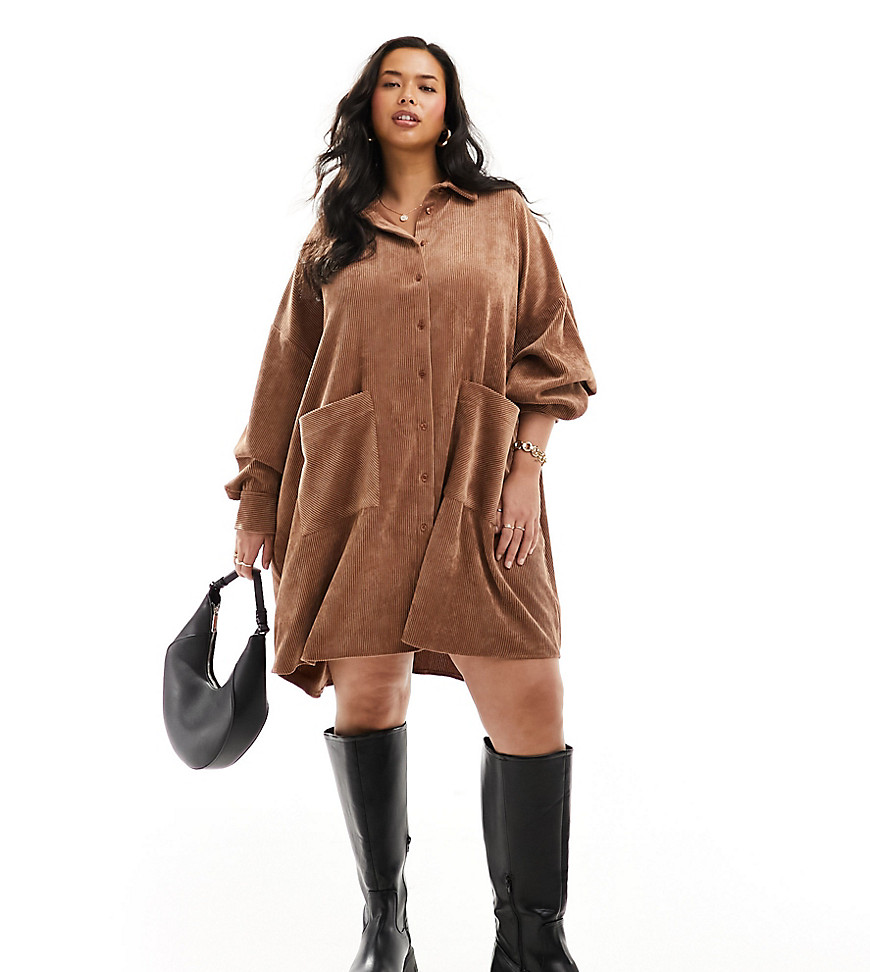 ASOS DESIGN Curve Oversized Cord Shirt Dress with Dropped Pockets in brown