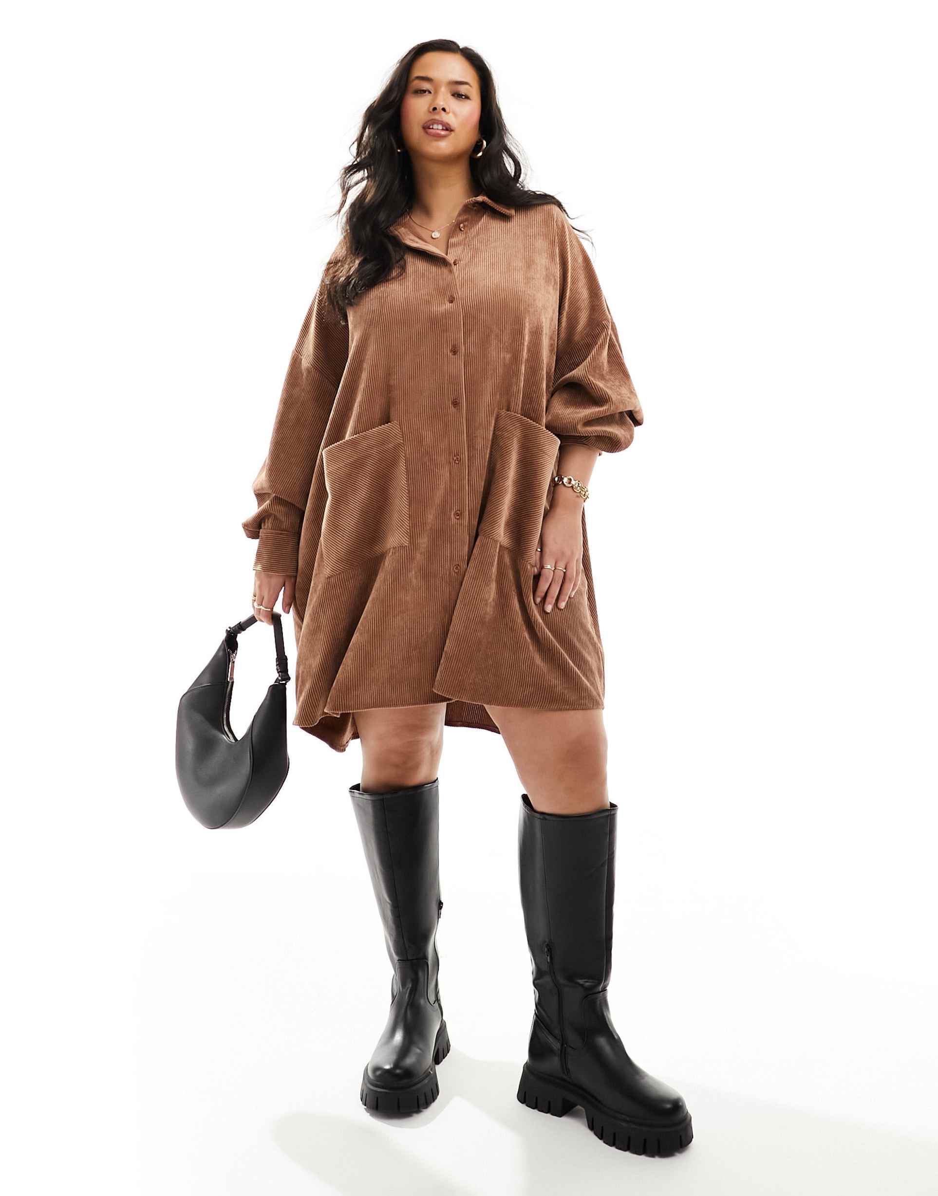 asos design curve oversized cord shirt dress with dropped pockets in brown