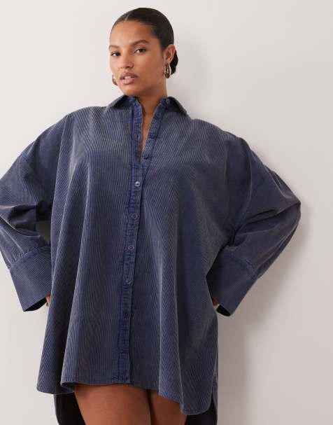 ASOS DESIGN Curve oversized cord shirt mini dress in washed denim blue - view 1