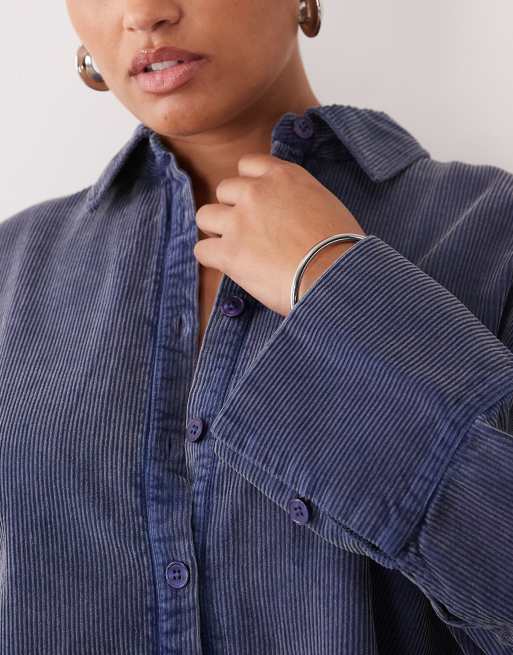 ASOS DESIGN Curve oversized corduroy mini shirt dress in washed denim blue, 2 of 4