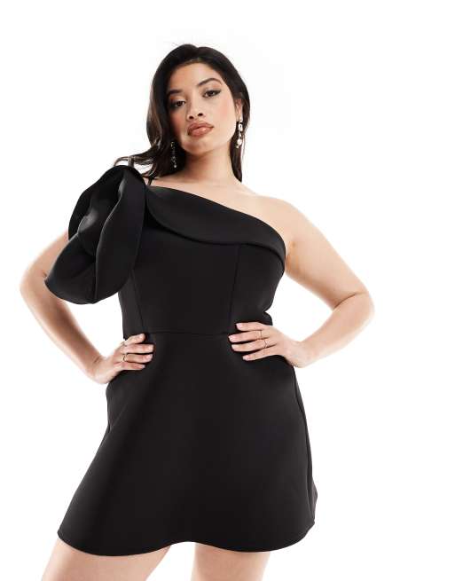 ASOS DESIGN Curve oversized corsage detail mini dress in black in scuba-style fabric