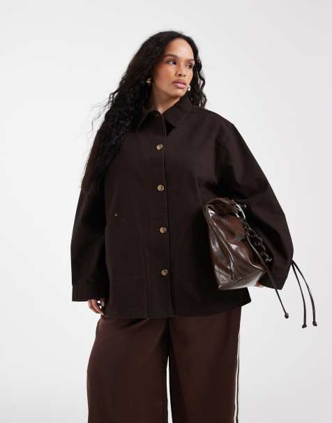 ASOS DESIGN Curve oversized cotton harrington jacket in chocolate