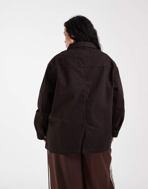 ASOS DESIGN Curve oversized cotton harrington jacket in chocolate, 4 of 4