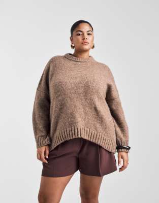 Asos Curve Asos Design Curve Oversized Crew Neck Sweater With Curved Hem In Brown