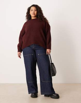 Asos Curve Asos Design Curve Oversized Crew Neck Sweater With Curved Hem In Burgundy
