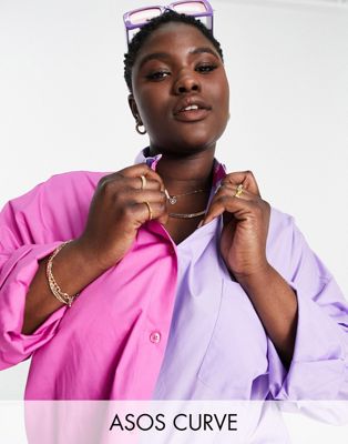 ASOS DESIGN Curve oversized dad shirt in pink & purple colour block