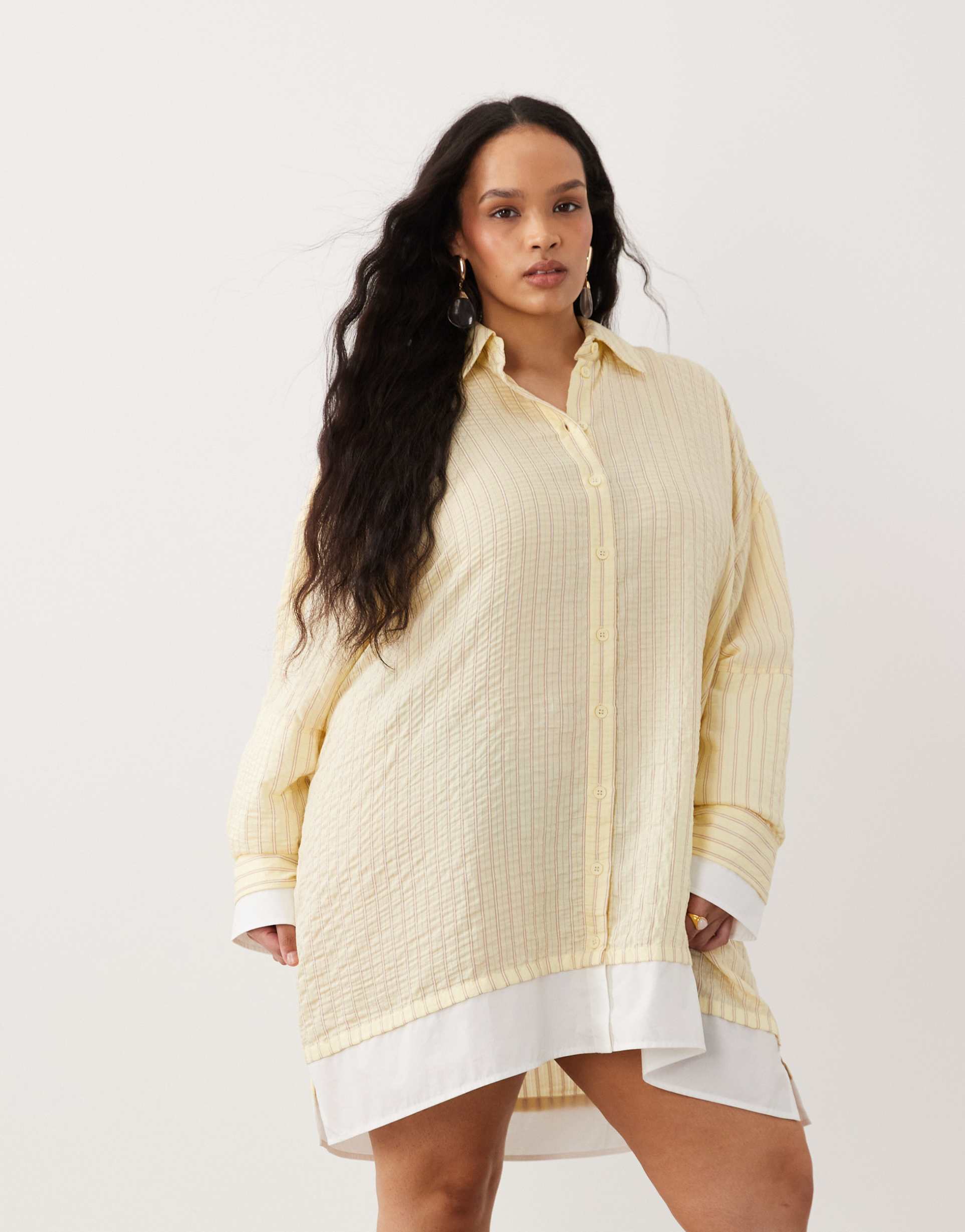 asos design curve oversized double layered shirt mini dress in yellow stripe