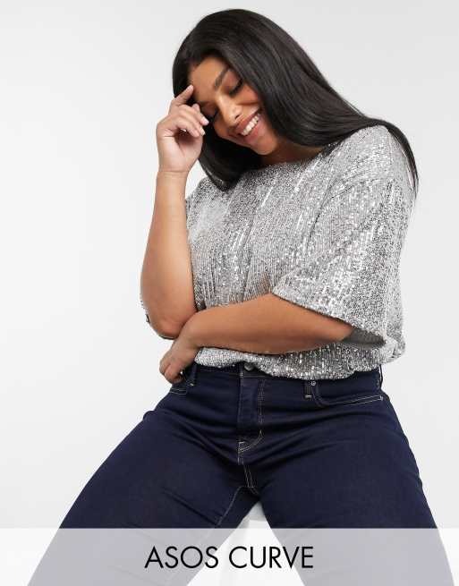 ASOS DESIGN Curve oversized embellished T-shirt in silver | ASOS
