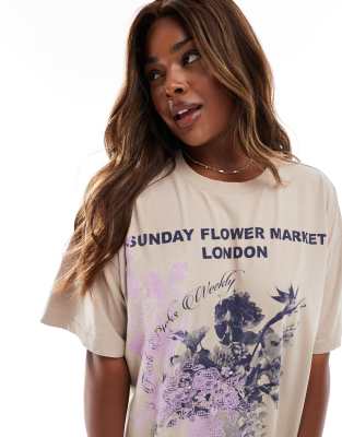 Asos Curve Asos Design Curve Oversized Embroidered T-shirt With Flower Market Graphic-brown