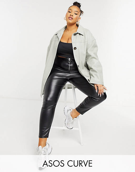 ASOS DESIGN Curve oversized faux leather quilt lined shacket in grey