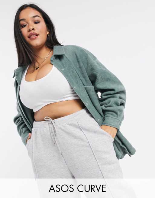 ASOS DESIGN Curve oversized fleece shacket in khaki | ASOS