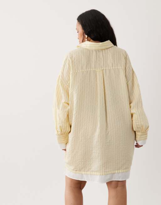 ASOS DESIGN Curve - Oversized gelaagde mini-overhemdjurk met strepen in geel, 4 van 4