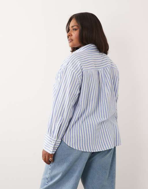 ASOS DESIGN Curve - Oversized gestreept overhemd van linnenmix in blauw, 3 van 4