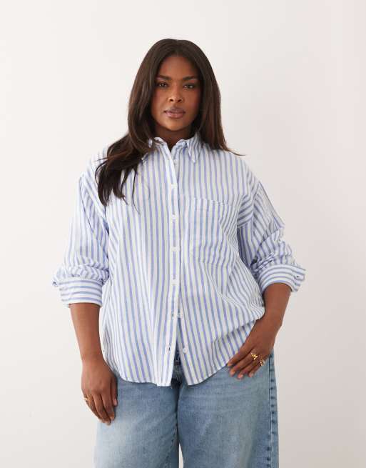 ASOS DESIGN Curve - Oversized gestreept overhemd van linnenmix in blauw, 4 van 4