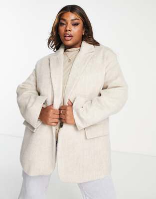 ASOS DESIGN Curve oversized grandad wool mix jacket in Cream-Brown