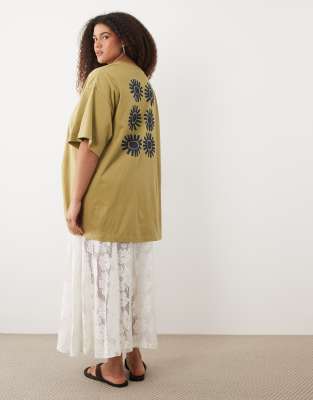 Asos Curve Asos Design Curve Oversized Graphic Tee With Lace Cami Underdress In Green