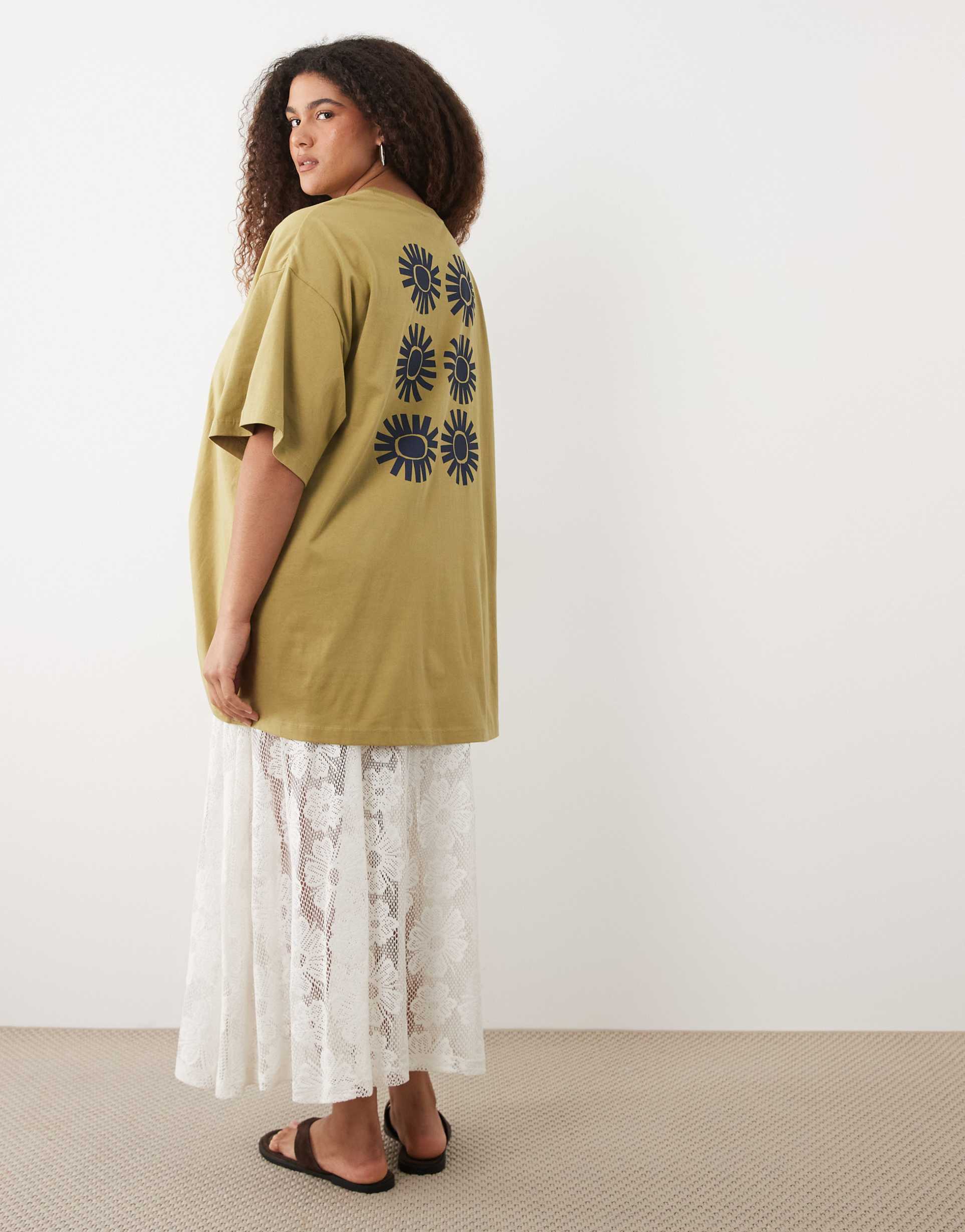 asos design curve oversized graphic tee with lace cami underdress in green