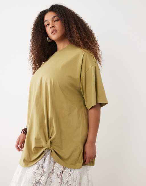 ASOS DESIGN Curve oversized graphic tee with lace cami underdress in green, 4 of 4