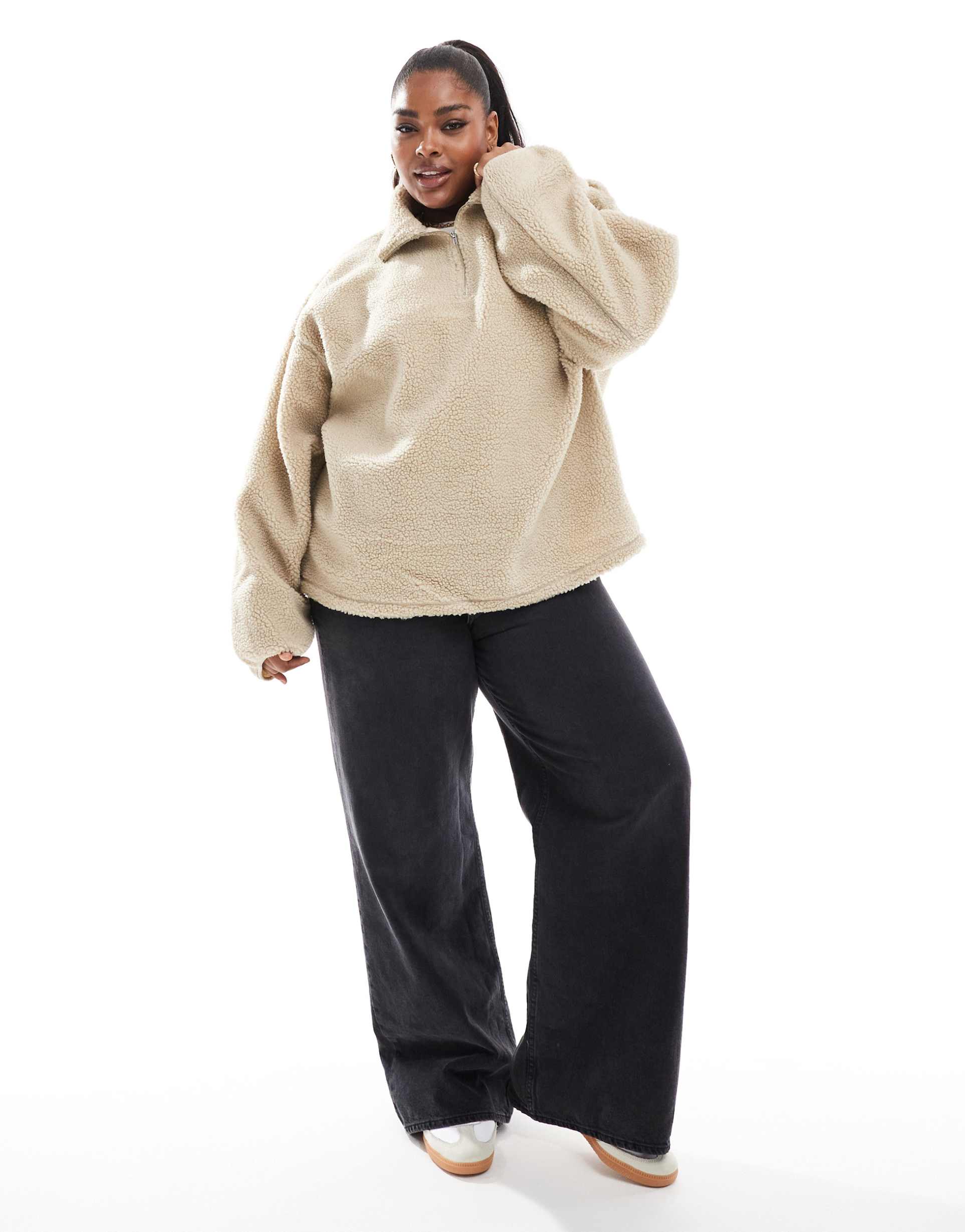 asos design curve oversized half zip teddy fleece in neutral