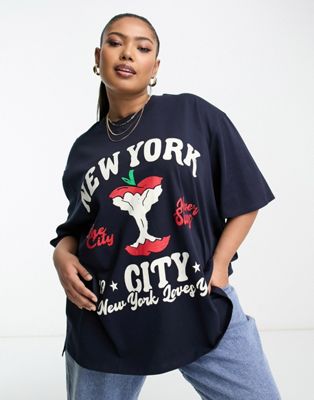 ASOS DESIGN Curve oversized heavy weight t-shirt in new york apple graphic in navy