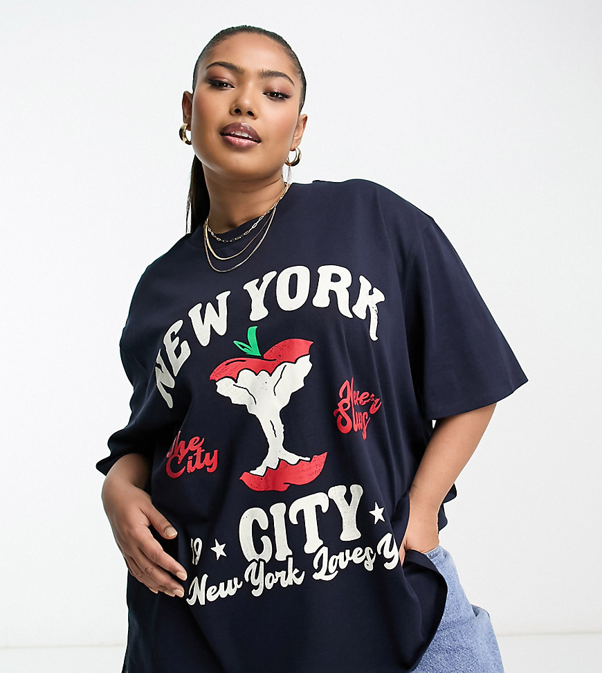 Asos Curve Asos Design Curve Oversized Heavy Weight T-shirt In New York Apple Graphic In Navy-black
