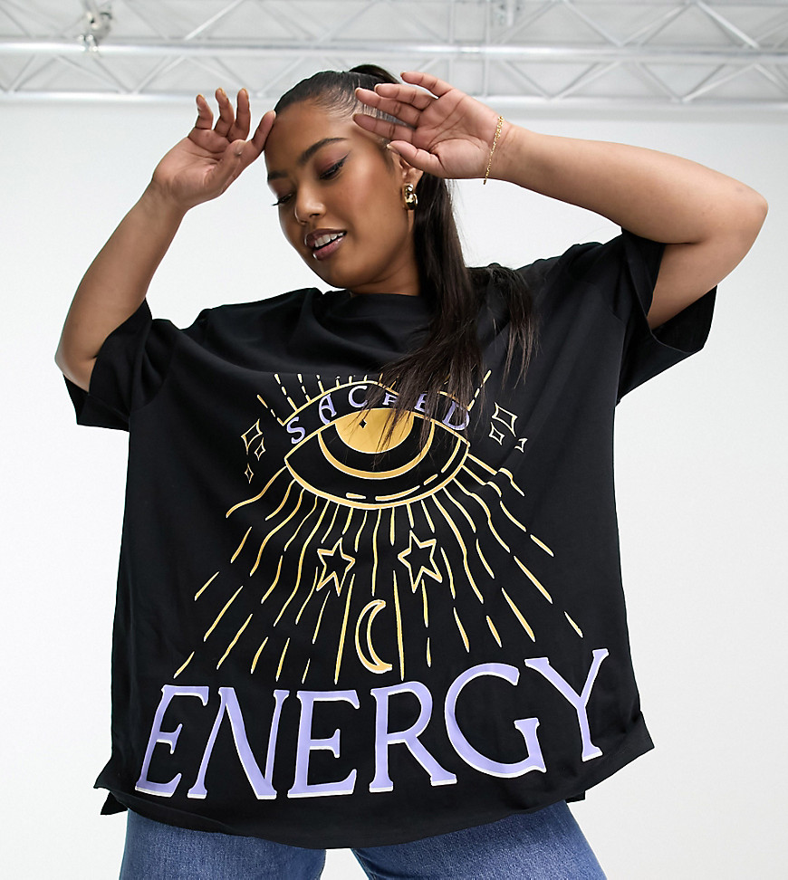 Asos Curve Asos Design Curve Oversized Heavy Weight T-shirt In Sacred Energy Graphic In Black