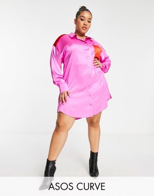 ASOS DESIGN Curve oversized hi low shirt mini dress in pink and red  - ASOS Price Checker