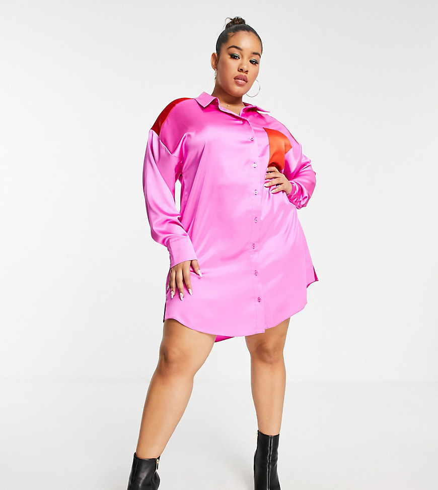 ASOS DESIGN Curve oversized hi low shirt mini dress in pink and red
