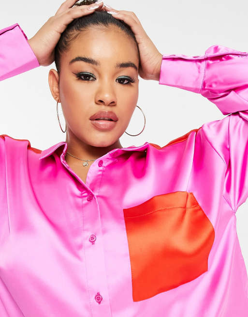 ASOS DESIGN Curve oversized hi low shirt mini dress in pink and red , 3 of 4