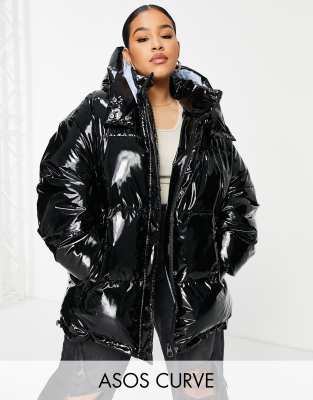 ASOS DESIGN Curve oversized high shine puffer jacket with hood in black - ASOS Price Checker