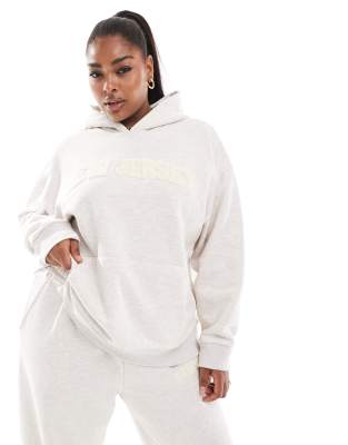 ASOS DESIGN Curve oversized hoodie co-ord with chenille New Jersey graphic in oatmeal marl-Grey