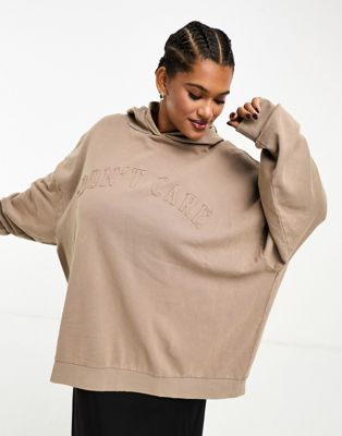 ASOS DESIGN Curve oversized hoodie with don't care applique graphic in taupe