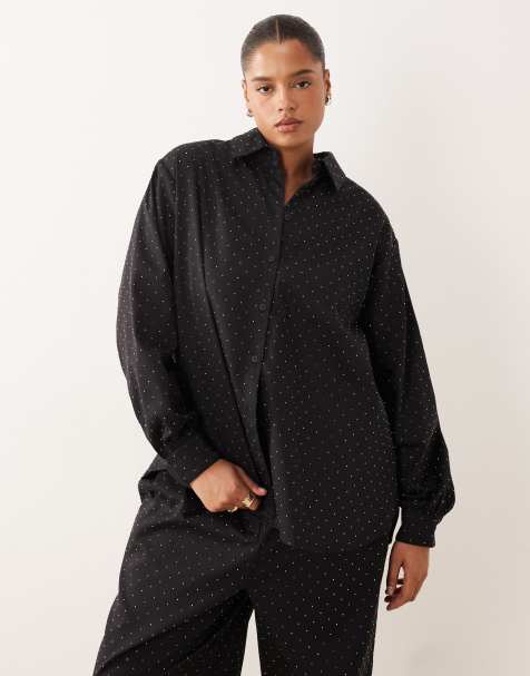 ASOS DESIGN Curve oversized hotfix shirt in black (Part of a set) - view 1