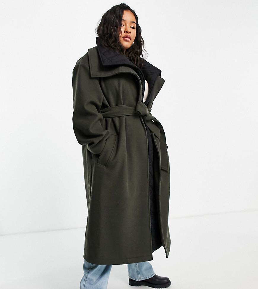 ASOS DESIGN Curve oversized hybrid quilted coat in olive-Green