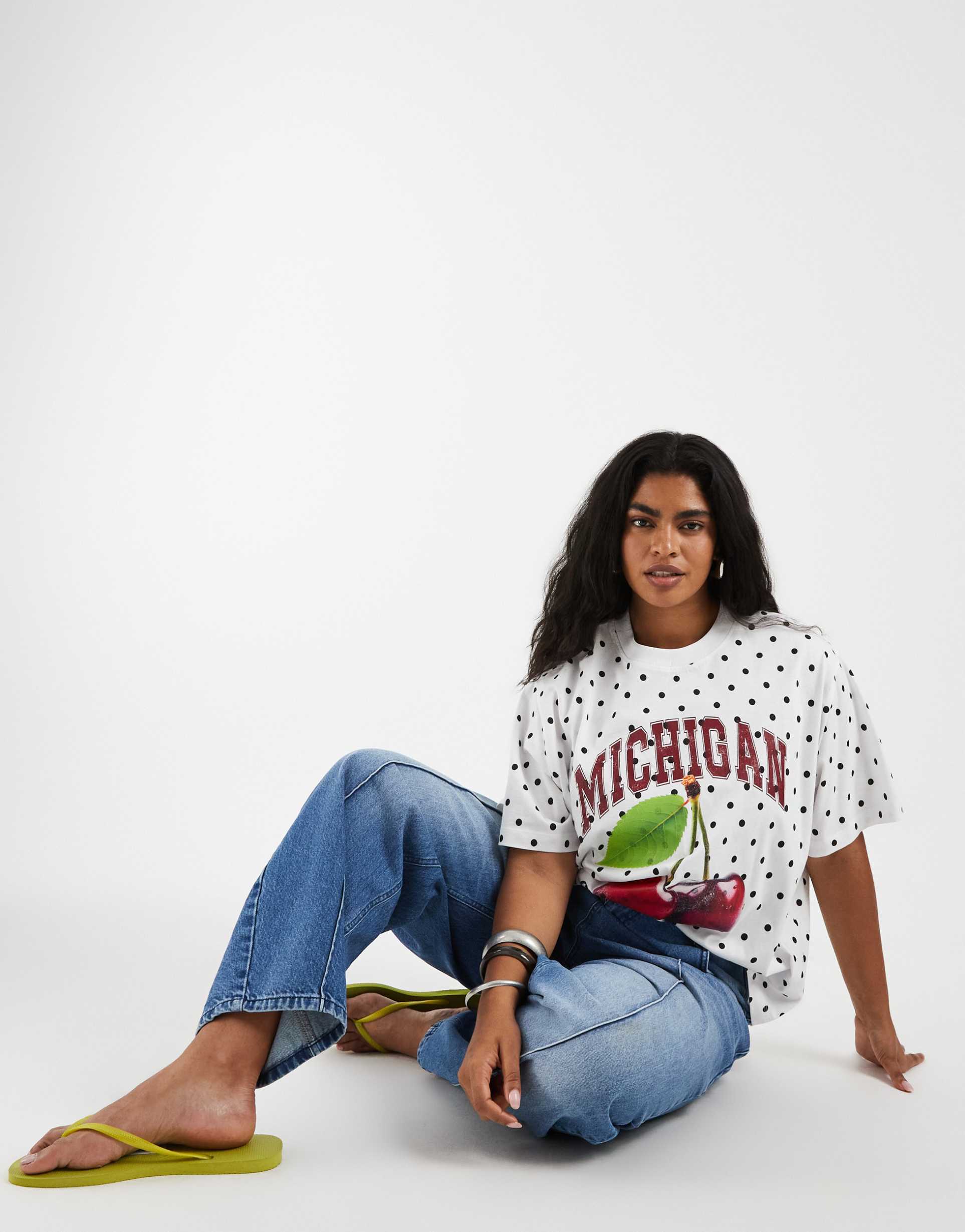 asos design curve oversized jersey with michigan cherry graphic in mono polka dot
