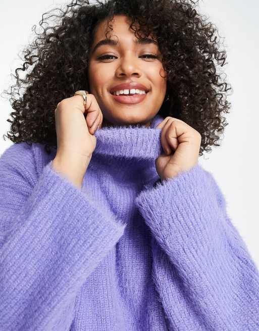 ASOS DESIGN Curve oversized jumper with roll neck in fluffy yarn in purple