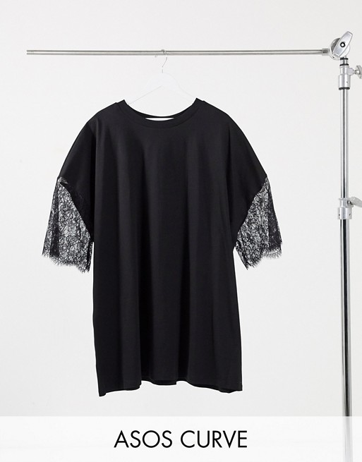 ASOS DESIGN Curve oversized lace t-shirt dress in black
