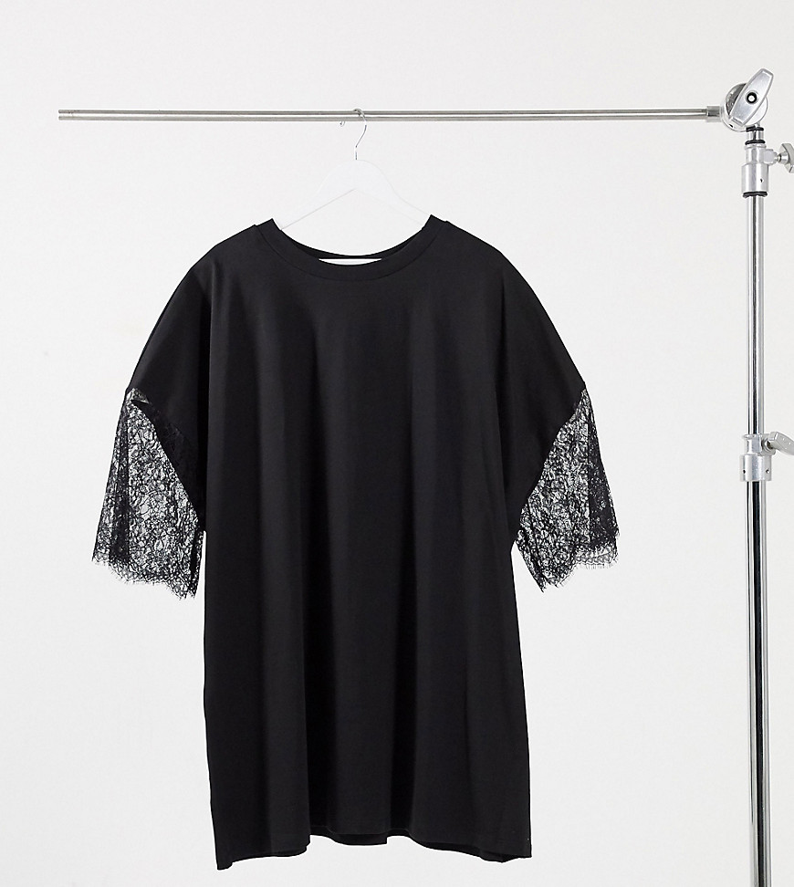 ASOS DESIGN Curve oversized lace t-shirt dress in black
