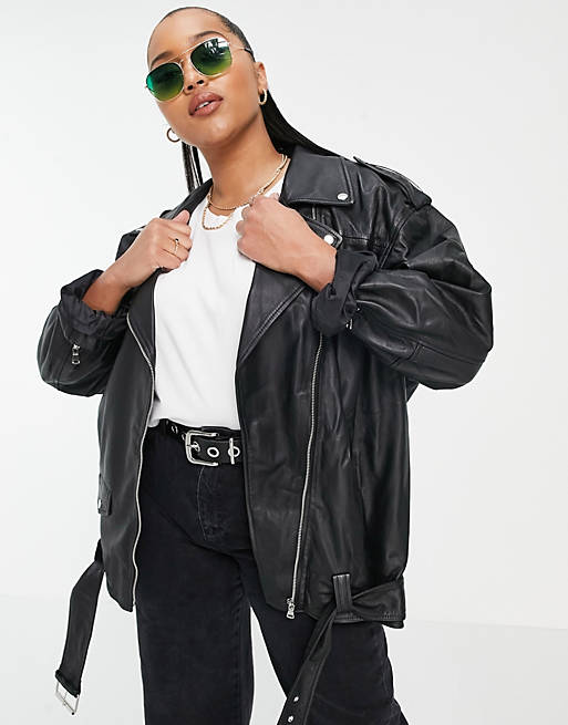 Coats & Jackets Curve oversized leather biker jacket in black 
