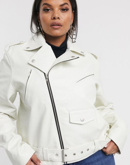 ASOS DESIGN oversized leather look biker jacket in white