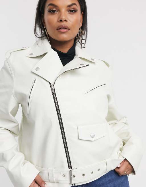 ASOS DESIGN Curve oversized leather look biker jacket in white