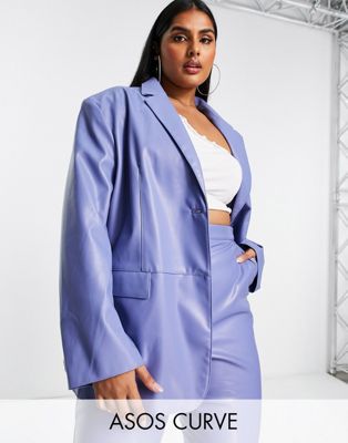 ASOS DESIGN Curve oversized leather look dad blazer in mid blue