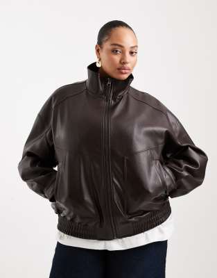 Asos Curve Asos Design Curve Oversized Leather Look Funnel Bomber Jacket In Brown