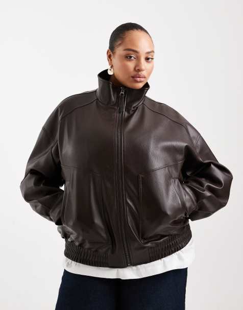 ASOS DESIGN Curve oversized leather look funnel bomber jacket in chocolate - view 1