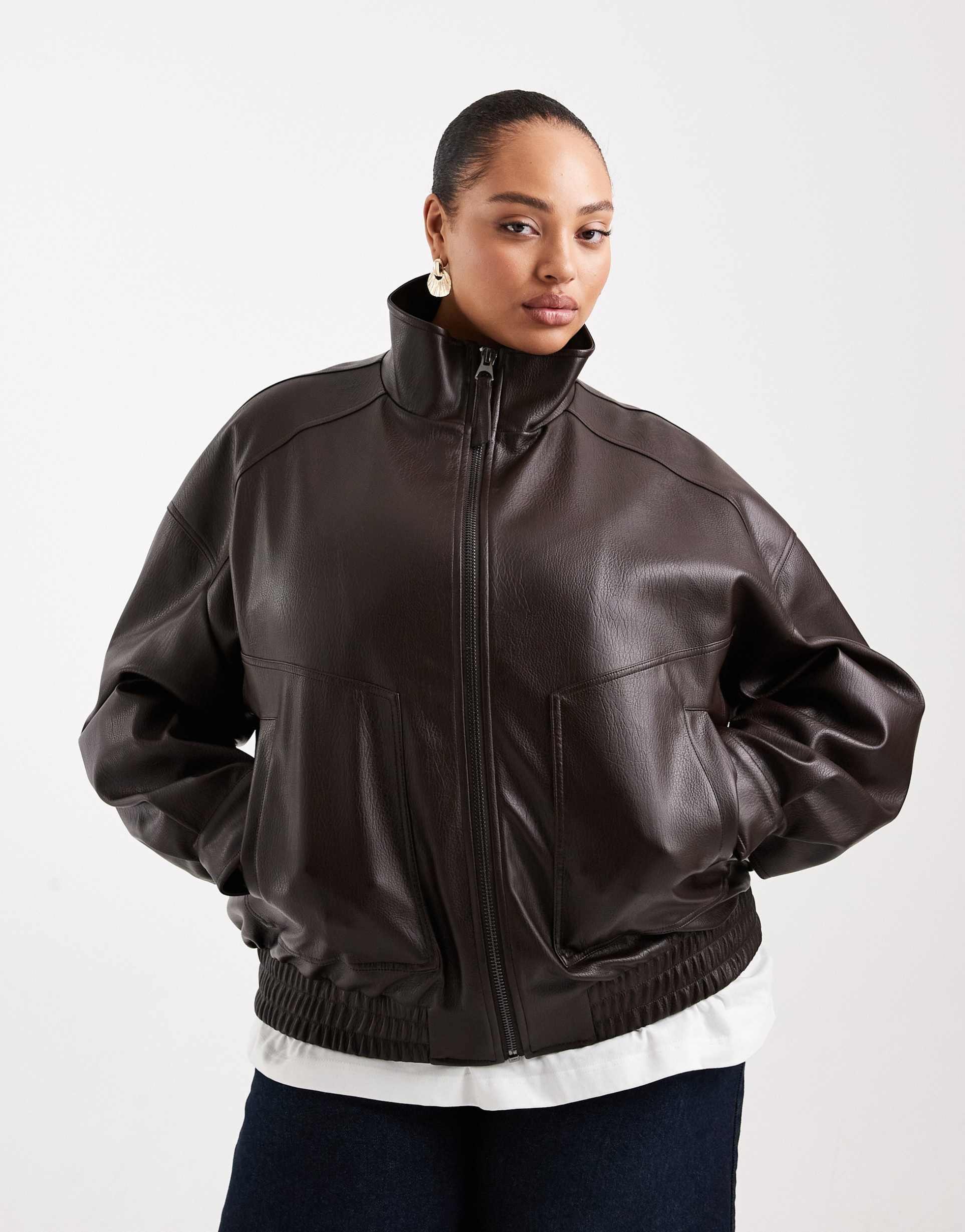 asos design curve oversized leather look funnel neck bomber jacket in chocolate
